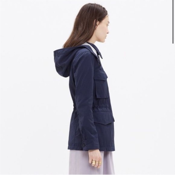 Madewell Fieldwalk Utility Rain Jacket Women XS Navy Blue Removable Hood - Picture 4 of 8